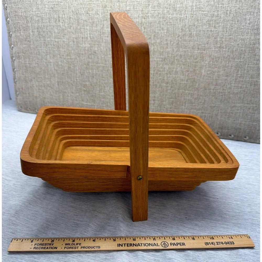 John Keim Authentic Pear Tree Basket Collapsible Wood Fruit Bowl Signed MCM 12in